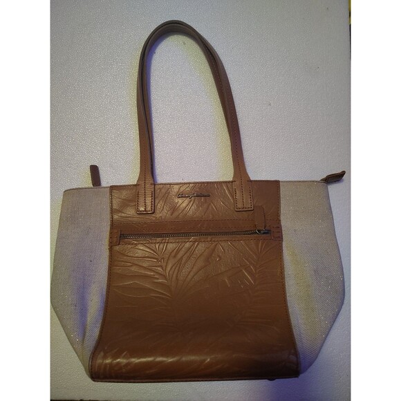 Tommy Bahama Tan Leather Canvas Tote Bag Tropical Print Lining - Picture 1 of 4